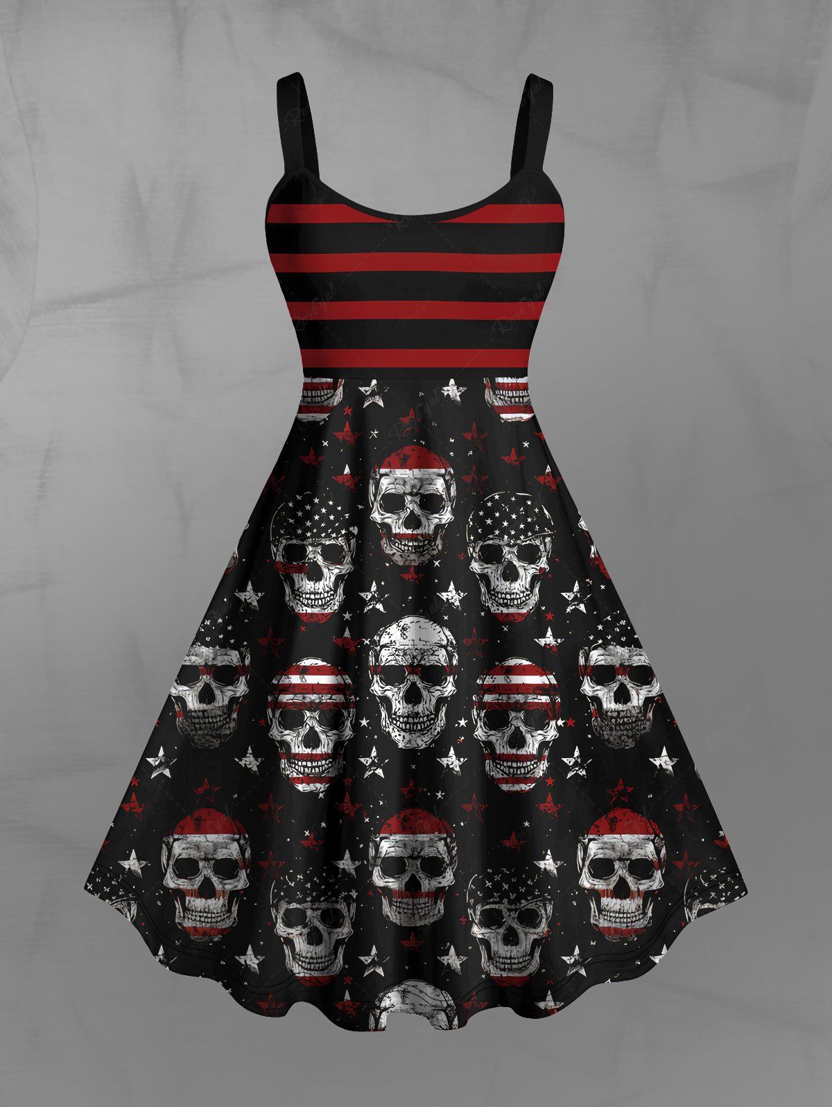 Gothic Skulls Star American Flag Stripe Print Tank Dress