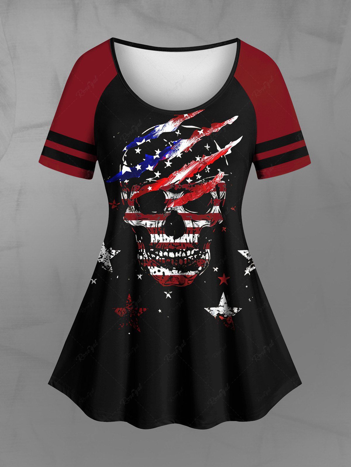 Gothic Skull Star American Flag Print Raglan Sleeve T-shirt
