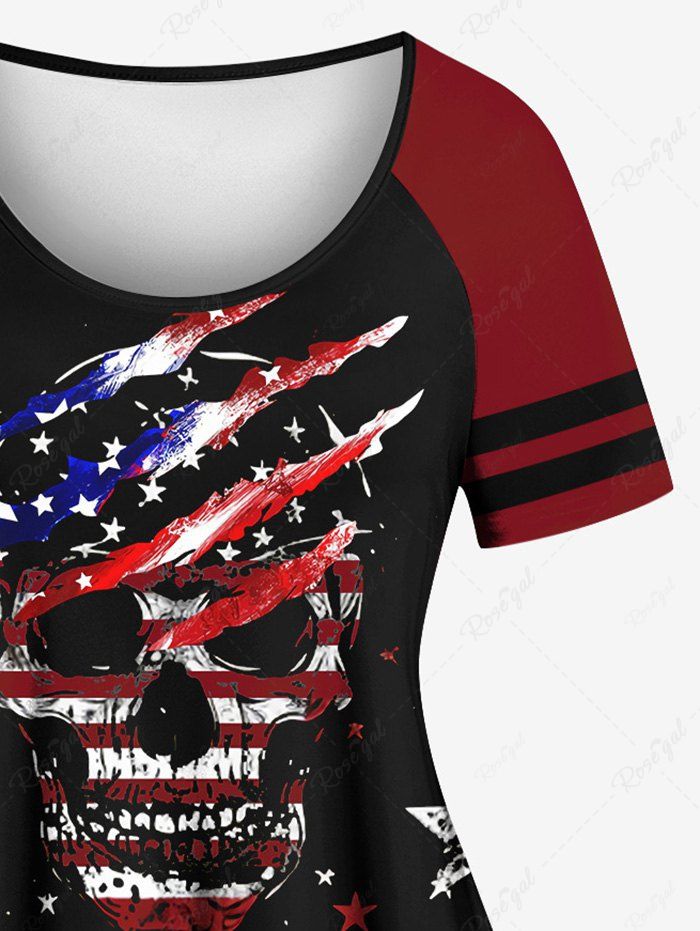 Gothic Skull Star American Flag Print Raglan Sleeve T-shirt