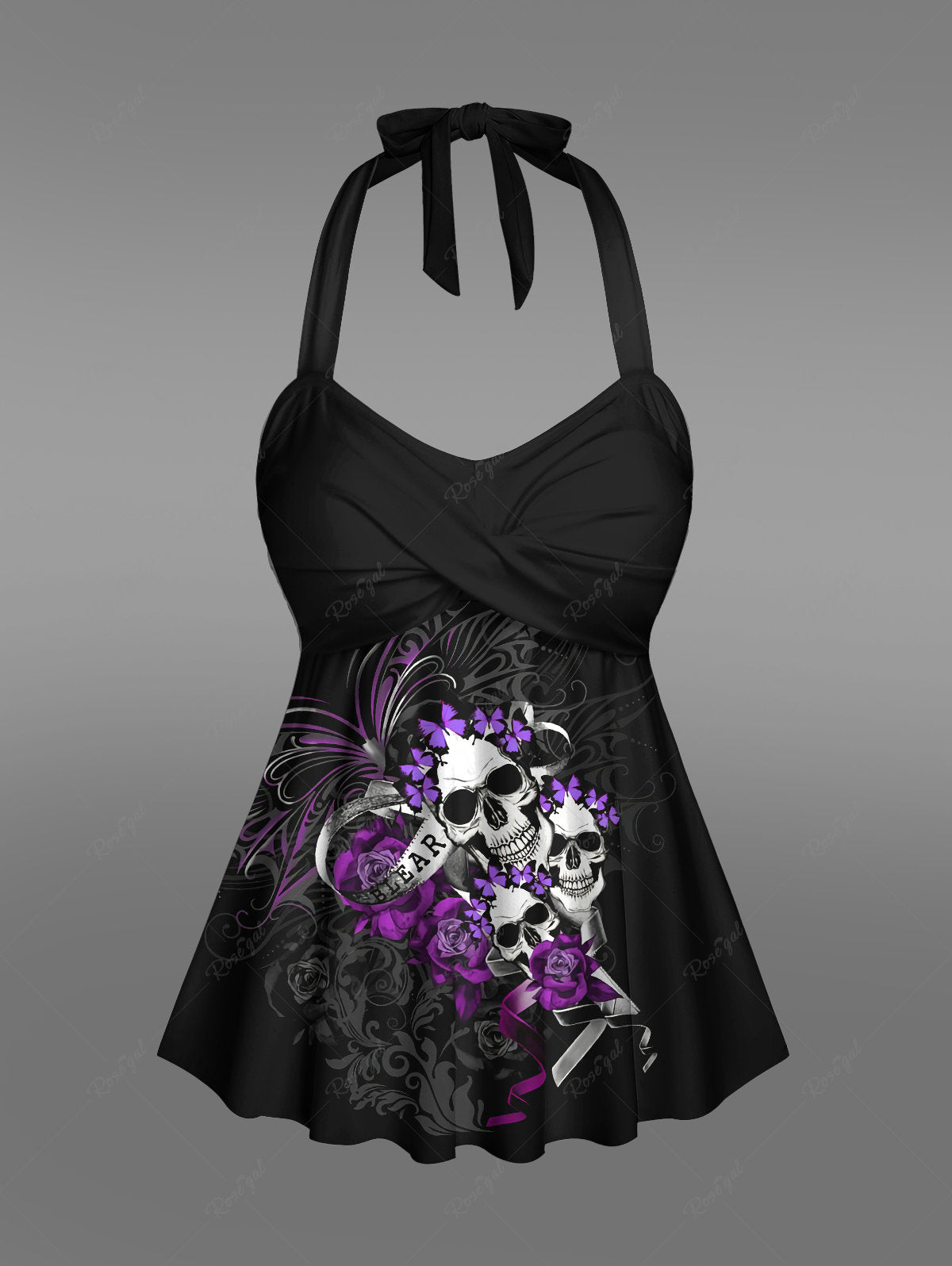 Gothic Plus Size Halter Twist Skulls Flower Print Tankini Top