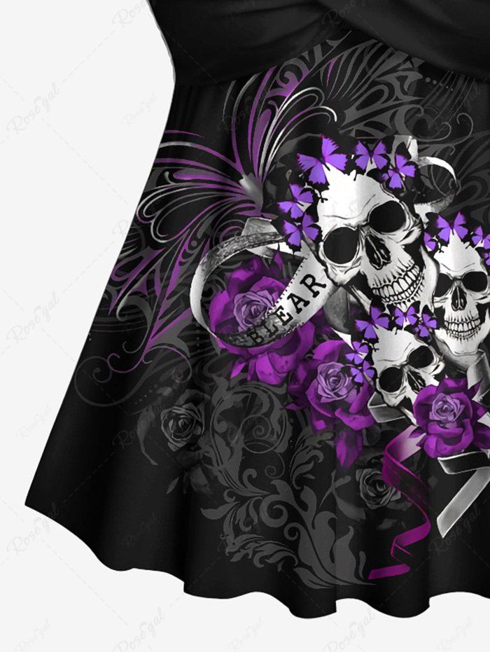 Gothic Plus Size Halter Twist Skulls Flower Print Tankini Top