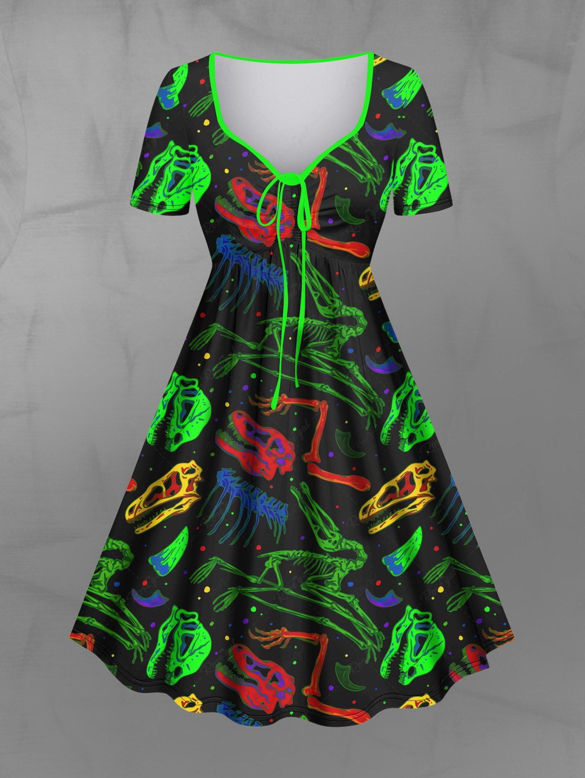 Gothic Plus Size Glitter Dinosaur Skeleton Print Cinched A Line Dress