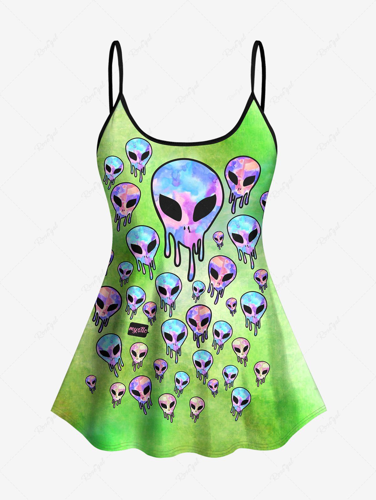 Gothic Plus Size Tie Dye Ombre Skulls Alien Print Backless Boyleg Tankini Swimsuit (Adjustable Shoulder Strap)