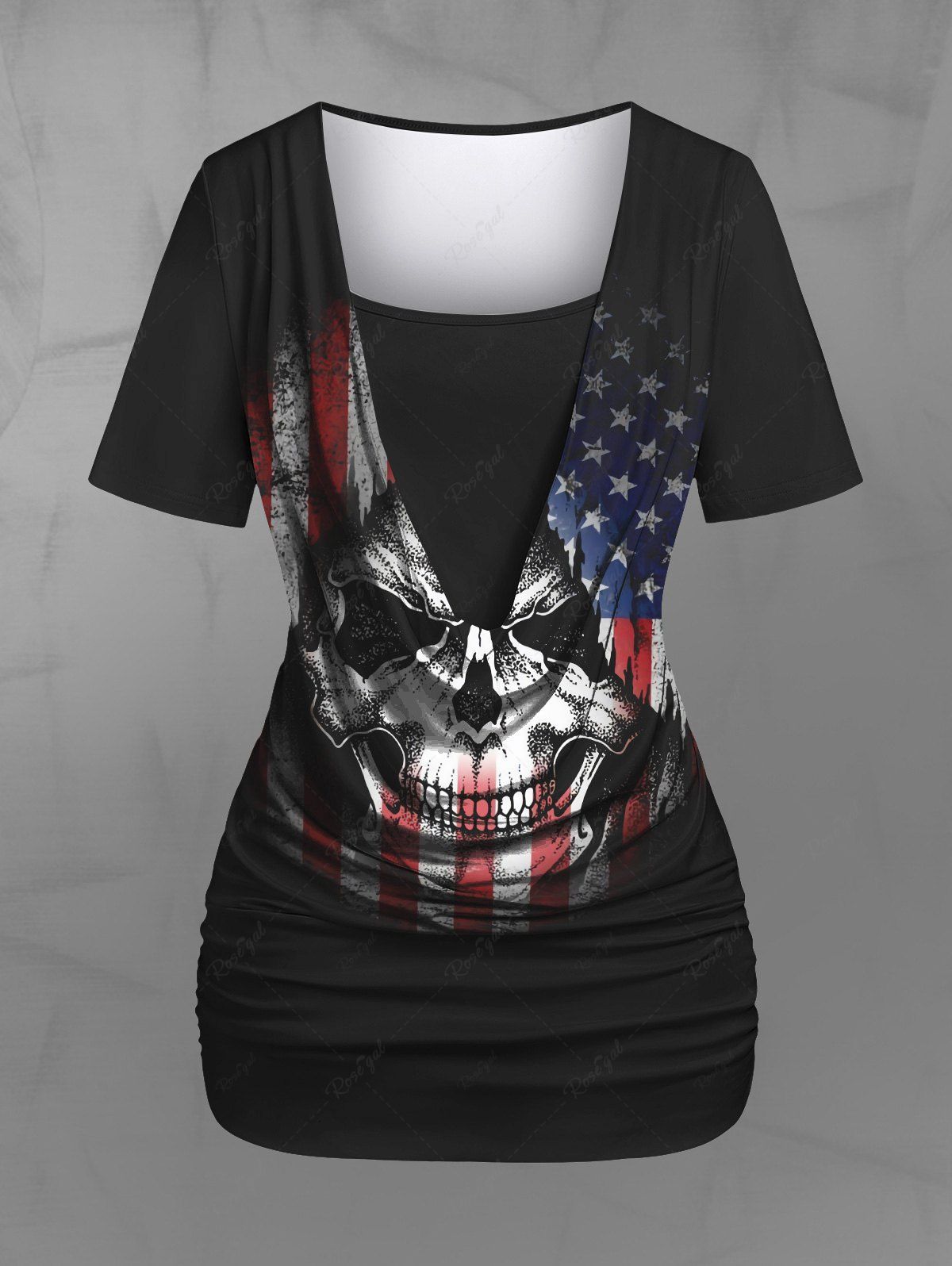 Gothic Cowl Neck Distressed Skull Patriotic American Flag Print Ruched 2 in 1 T-shirt