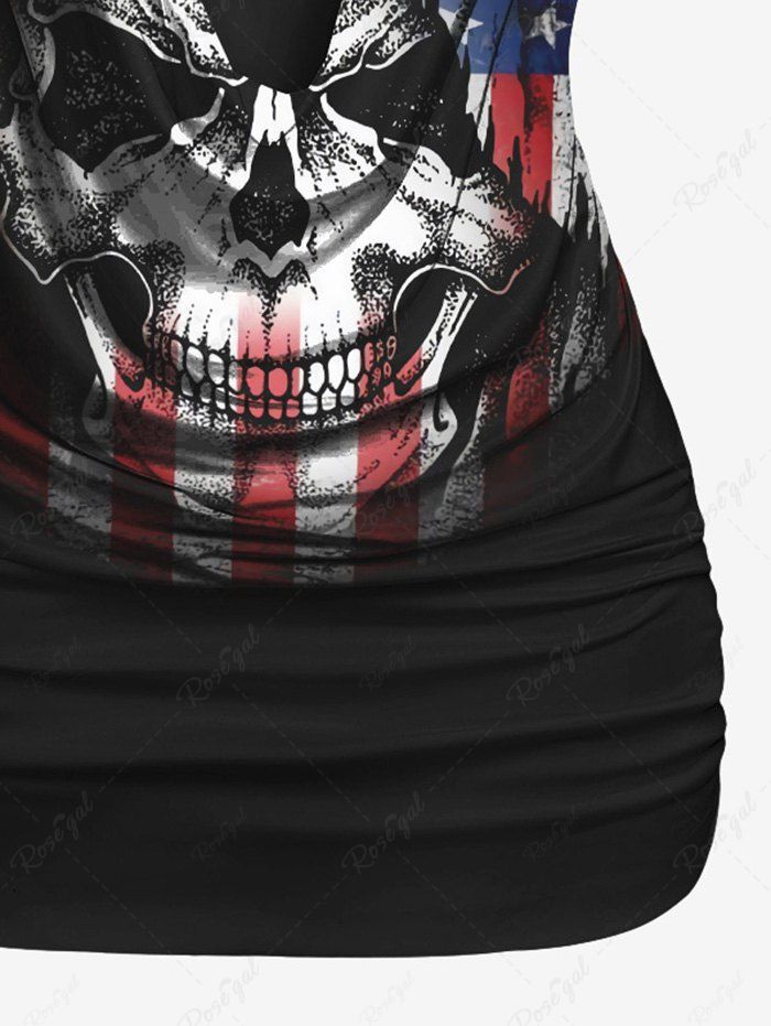 Gothic Cowl Neck Distressed Skull Patriotic American Flag Print Ruched 2 in 1 T-shirt