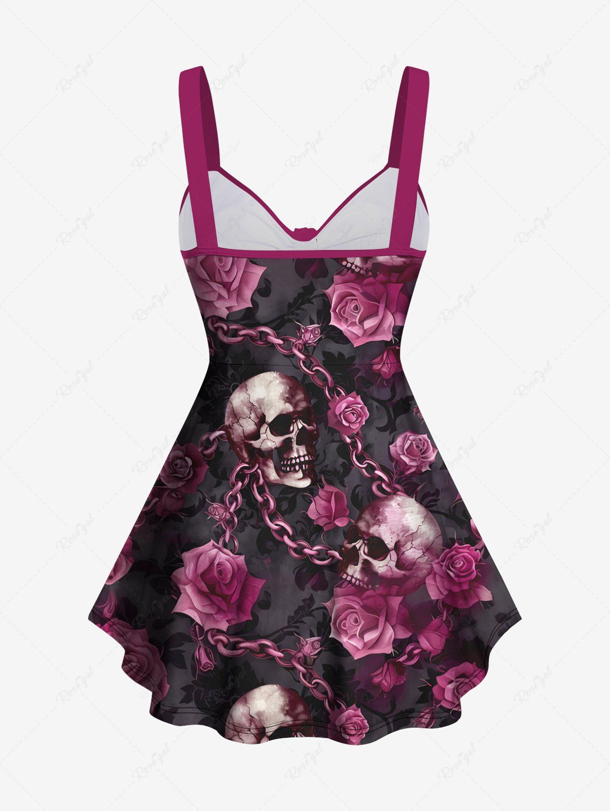 Gothic Distressed Skulls Chain Rose Flower Print Cinched Backless Tank Top