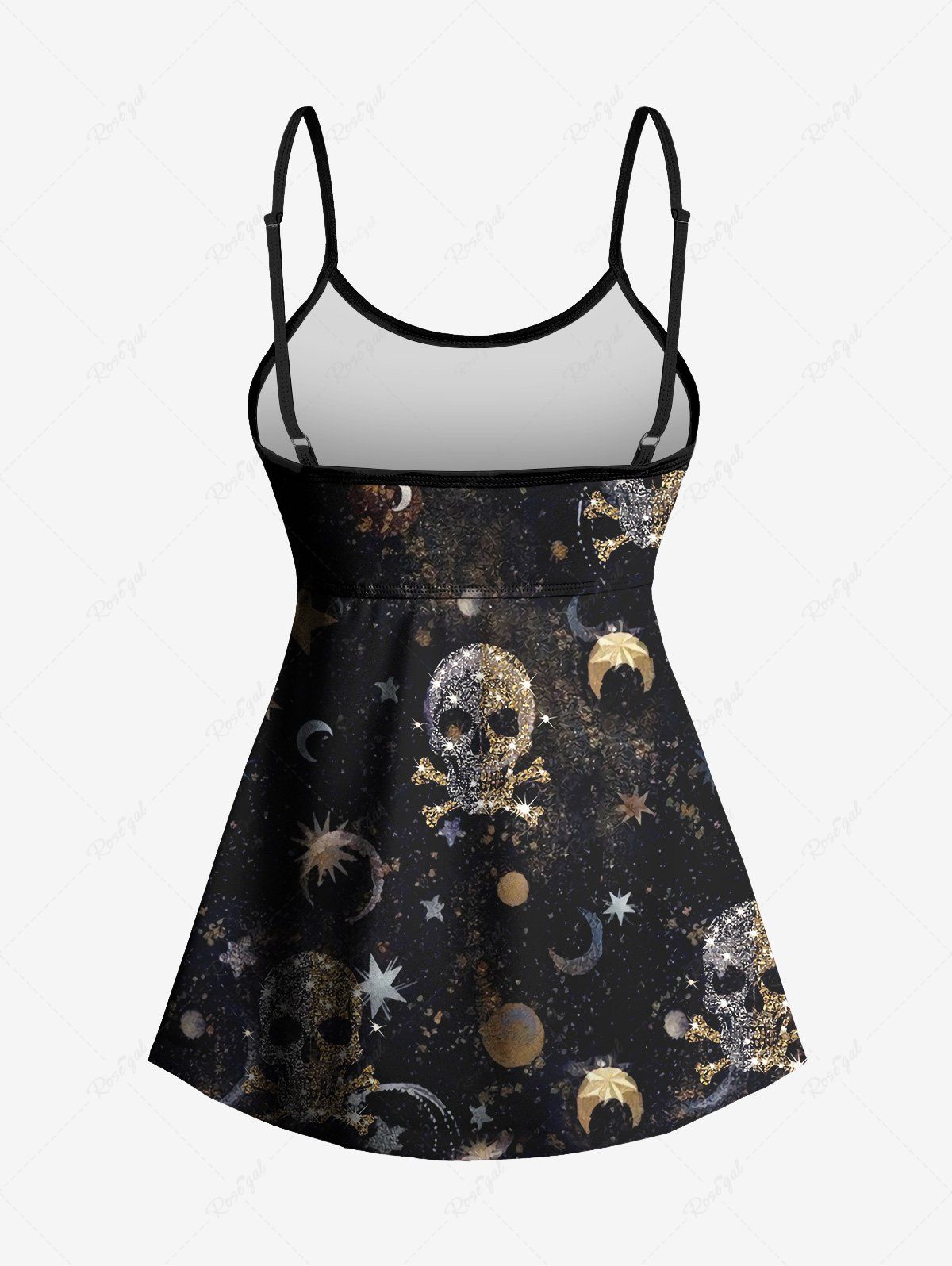 Gothic Glitter Sequins Skulls Sun Moon Star Galaxy Print Boyleg Backless Tankini Swimsuit (Adjustable Shoulder Strap)