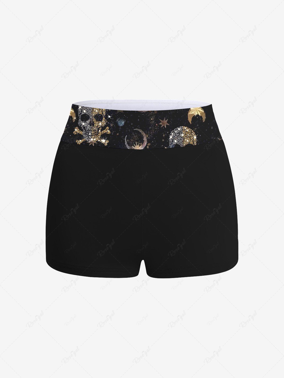 Gothic Glitter Sequins Skulls Sun Moon Star Galaxy Print Boyleg Backless Tankini Swimsuit (Adjustable Shoulder Strap)