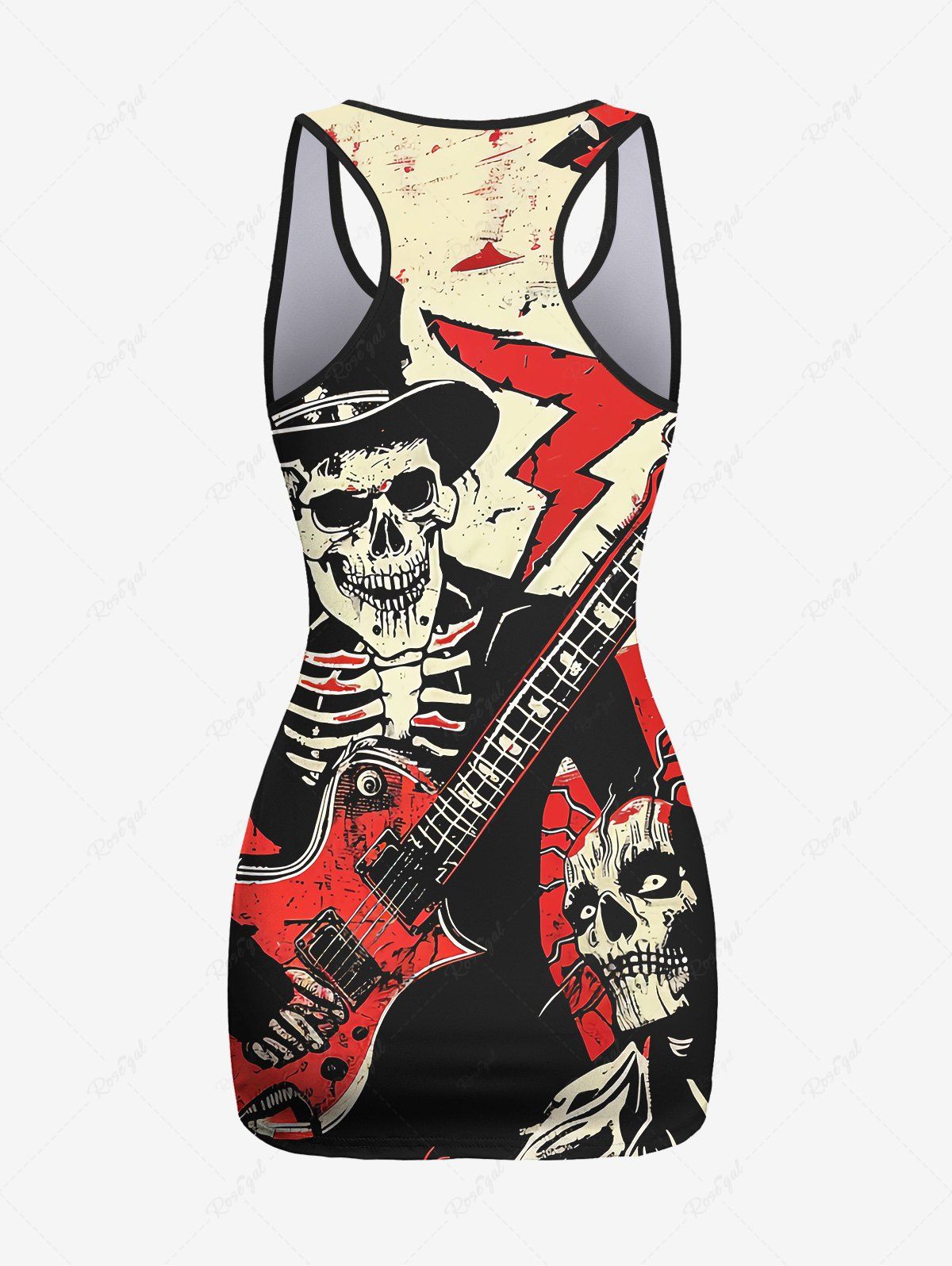 Gothic Plus Size Distressed Skeleton Skull Guitar Player Print Racerback Tank Top