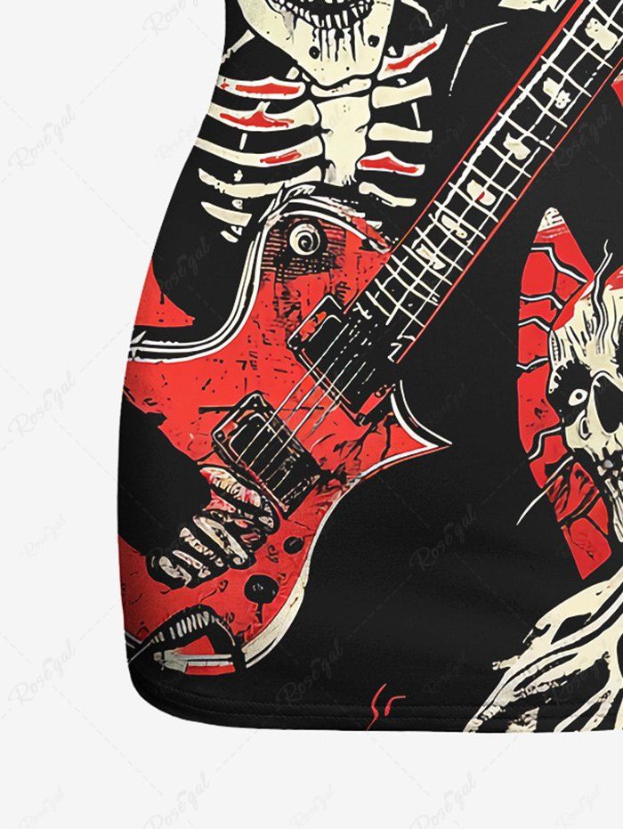 Gothic Plus Size Distressed Skeleton Skull Guitar Player Print Racerback Tank Top