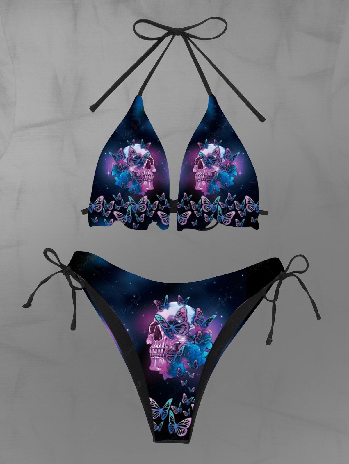 Gothic Skull Butterfly Ombre Galaxy Print Tied Halter Bikini Set