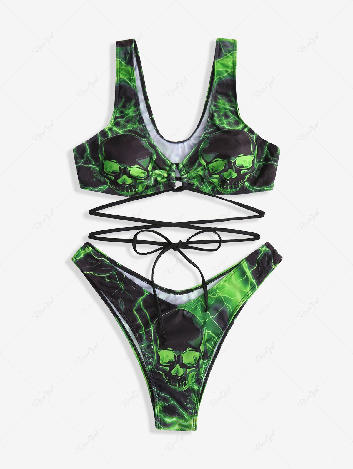 Gothic Plus Size Skulls Lightning Ombre Graphic Print Crisscross Strappy High Cut Bikini Set