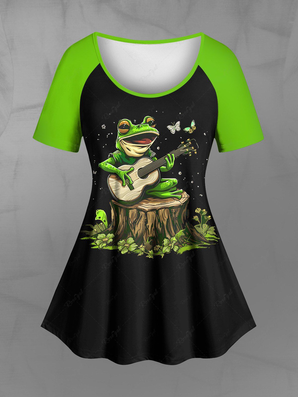 Gothic Plus Size Raglan Sleeves Frog Butterfly Flower Galaxy Guitar Player Print T-shirt