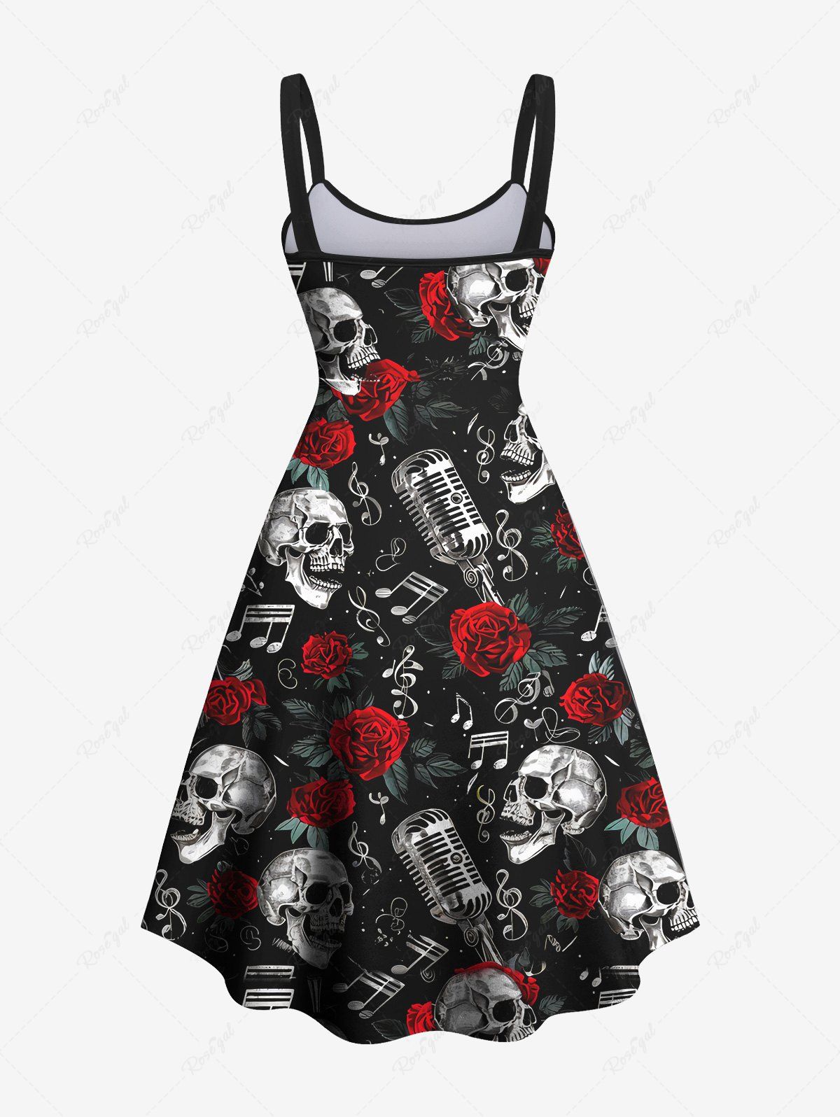 Gothic Plus Size Distressed Skulls Microphone Rose Flower Print Backless A Line Tank Dress