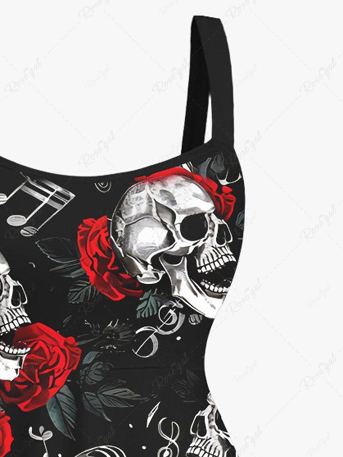 Gothic Plus Size Distressed Skulls Microphone Rose Flower Print Backless A Line Tank Dress