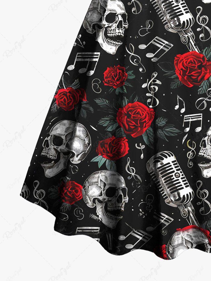 Gothic Plus Size Distressed Skulls Microphone Rose Flower Print Backless A Line Tank Dress