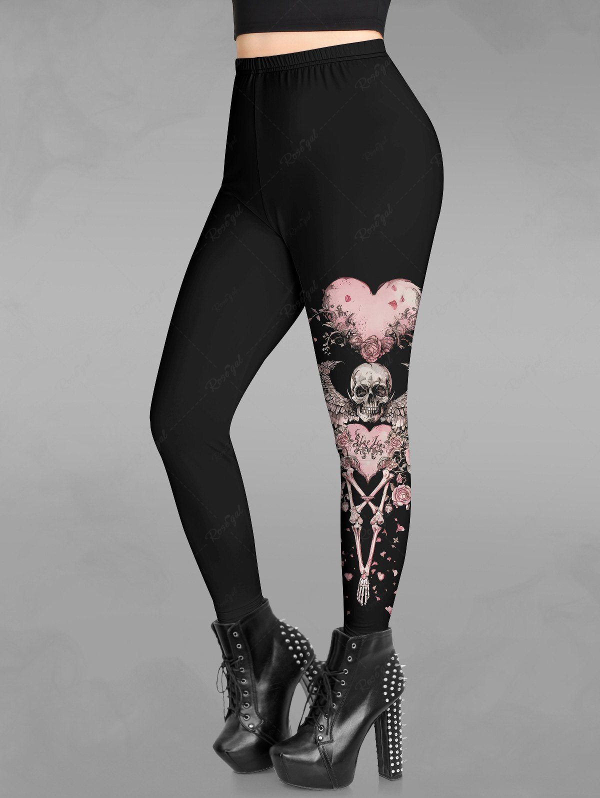 Gothic Plus Size Skull Skeleton Wings Heart Rose Flower Print Skinny Leggings