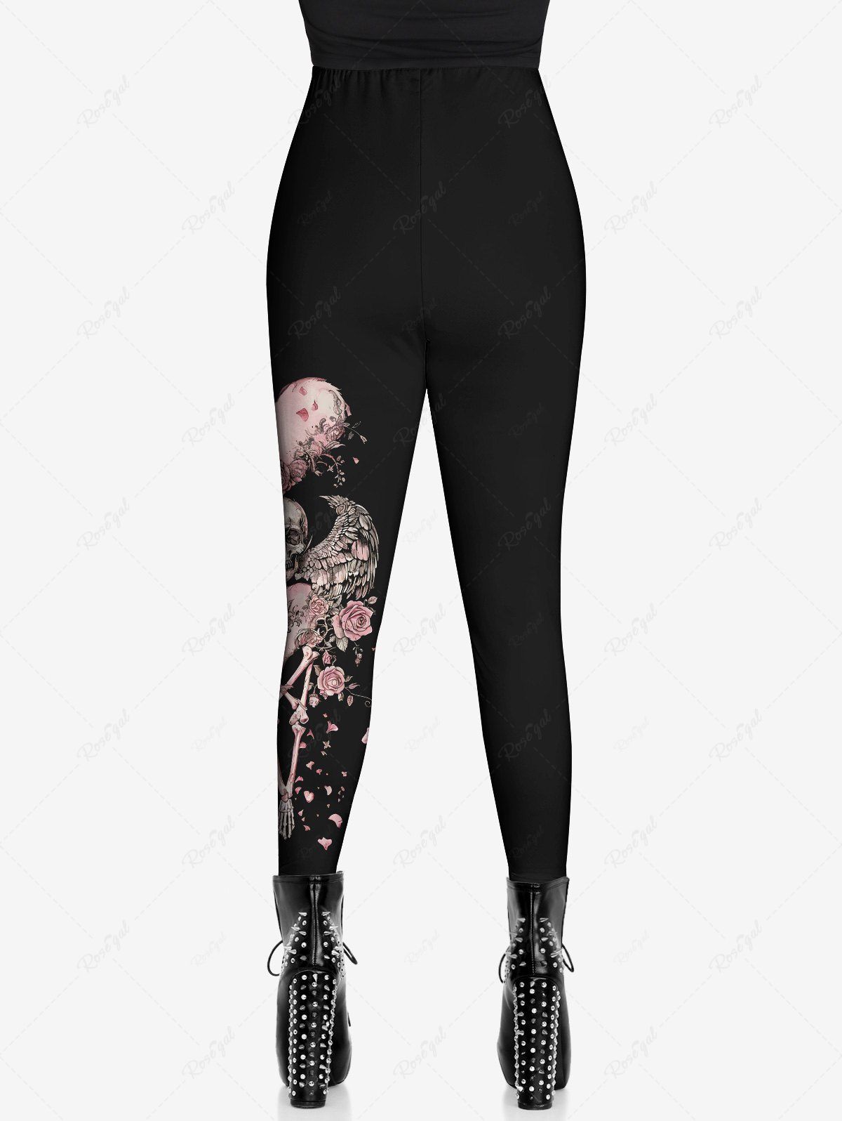 Gothic Plus Size Skull Skeleton Wings Heart Rose Flower Print Skinny Leggings