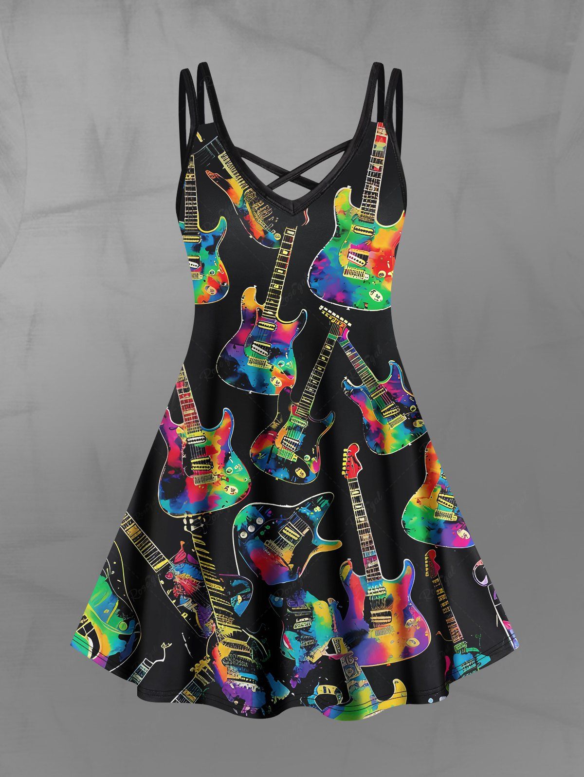 Gothic Plus Size Colorful Guitar Print Crisscross A Line Cami Dress