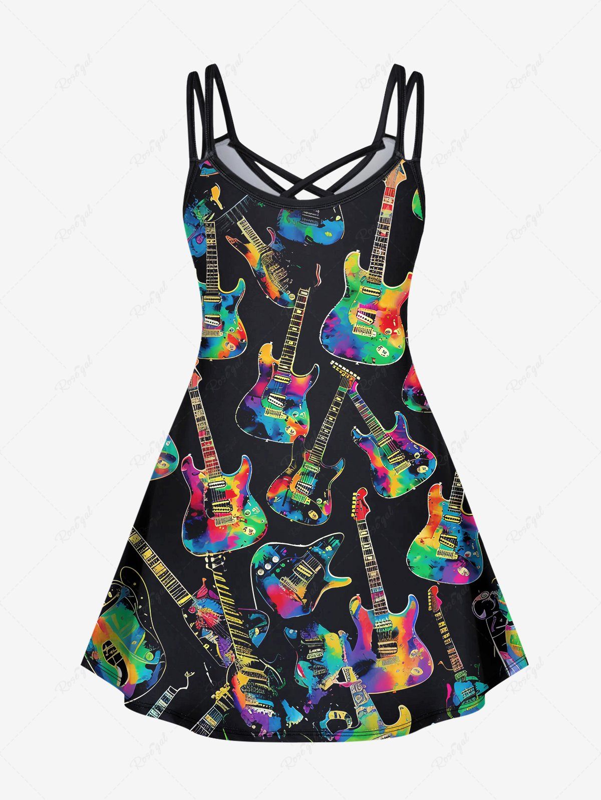 Gothic Plus Size Colorful Guitar Print Crisscross A Line Cami Dress