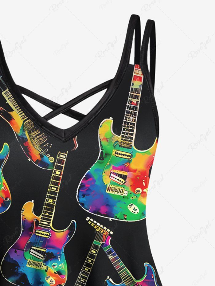 Gothic Plus Size Colorful Guitar Print Crisscross A Line Cami Dress