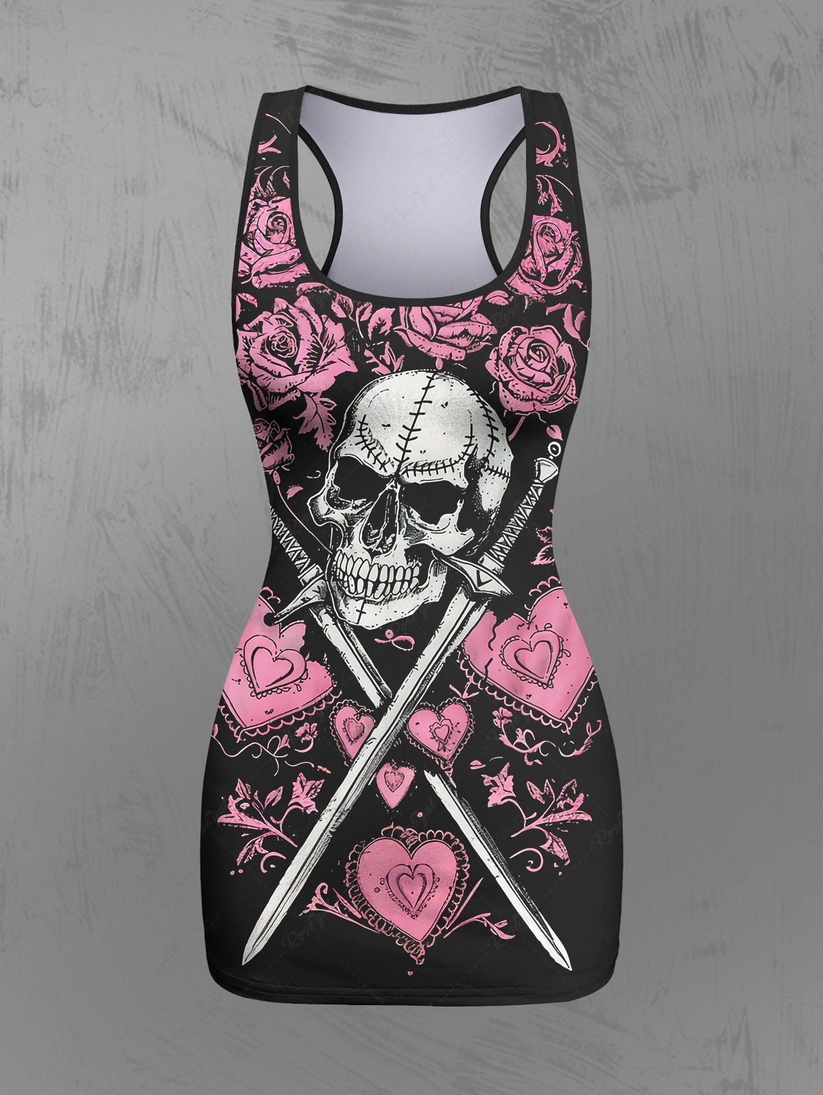 Gothic Plus Size Skull Sword Rose Flower Heart Print Racerback Tank Top