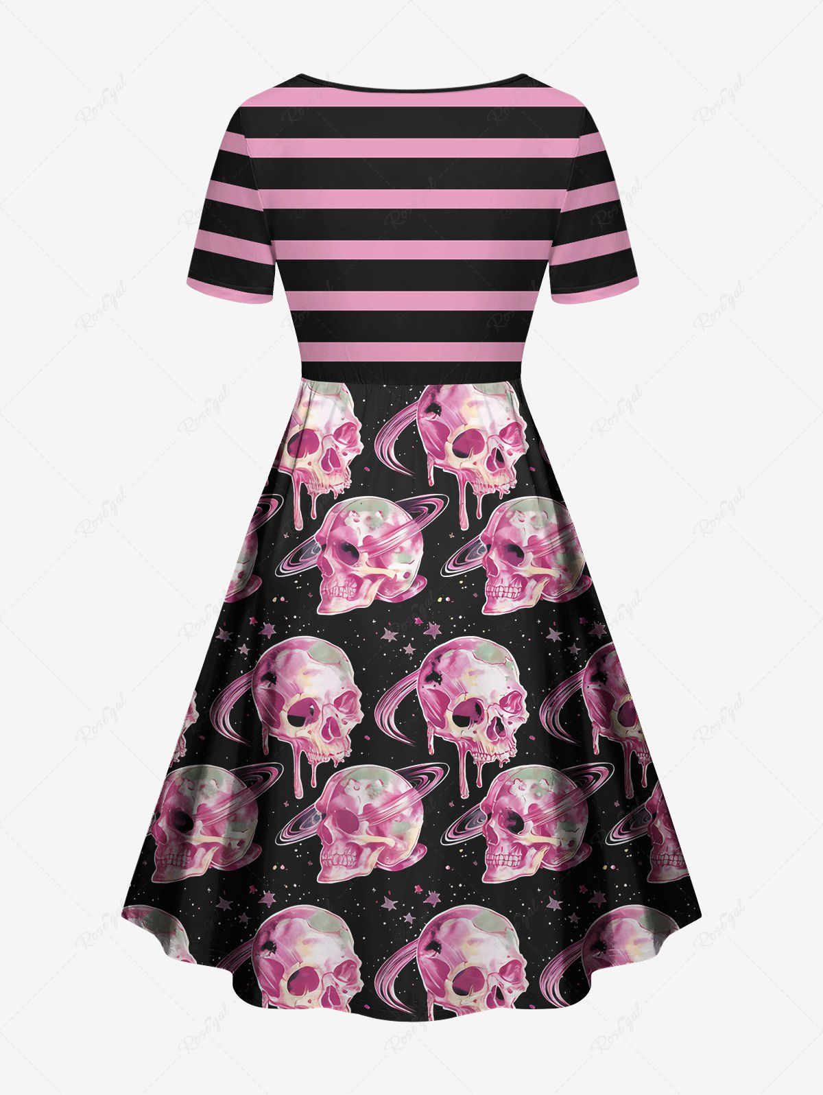 Gothic Plus Size Paint Drop Skulls Striped Stars Galaxy Print Cinched A Line Dress