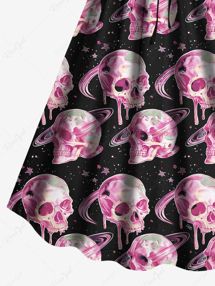 Gothic Plus Size Paint Drop Skulls Striped Stars Galaxy Print Cinched A Line Dress