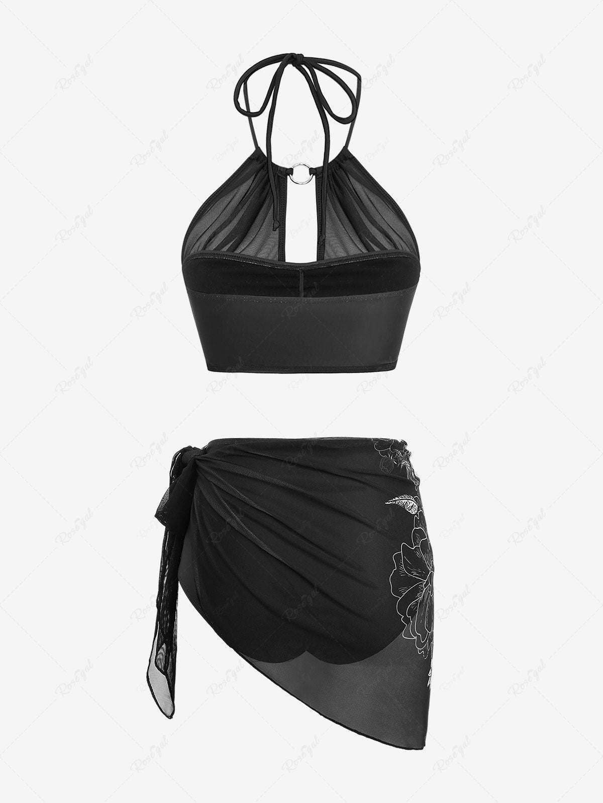 Gothic Halter Ruched Skull Flower Print Mesh Asymmetrical Skirt 3 Piece Tankini Swimsuit