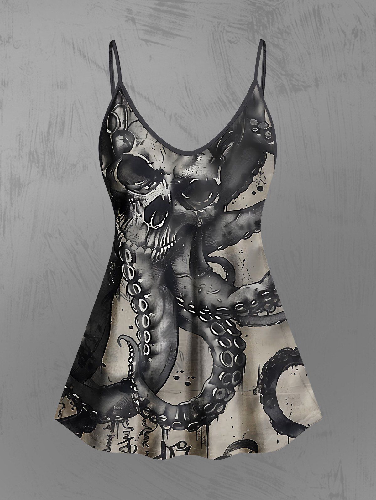 Gothic Plus Size Ink Painting Skulls Octopus Print Cami Top(Adjustable Shoulder Strap)