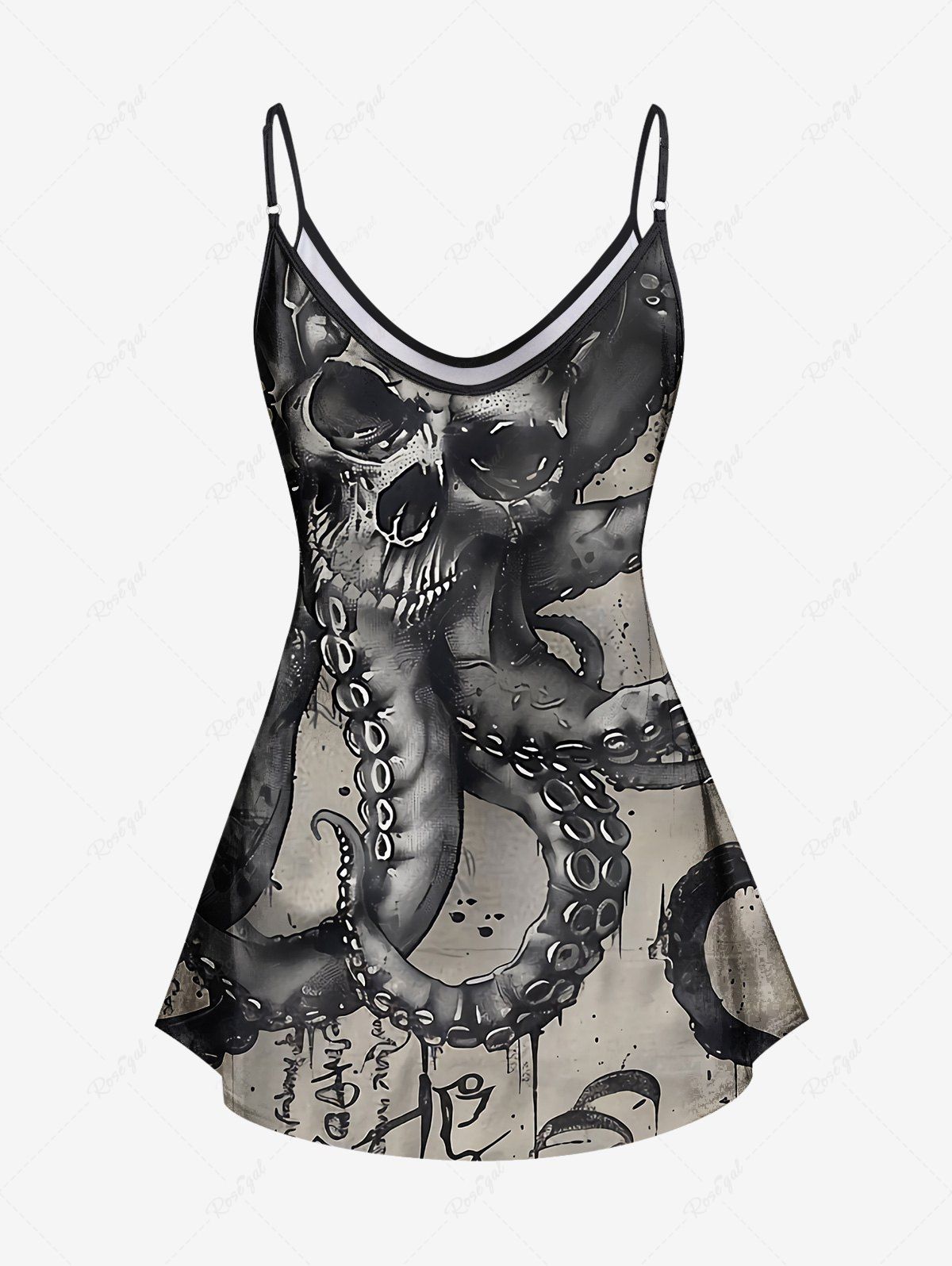 Gothic Plus Size Ink Painting Skulls Octopus Print Cami Top(Adjustable Shoulder Strap)