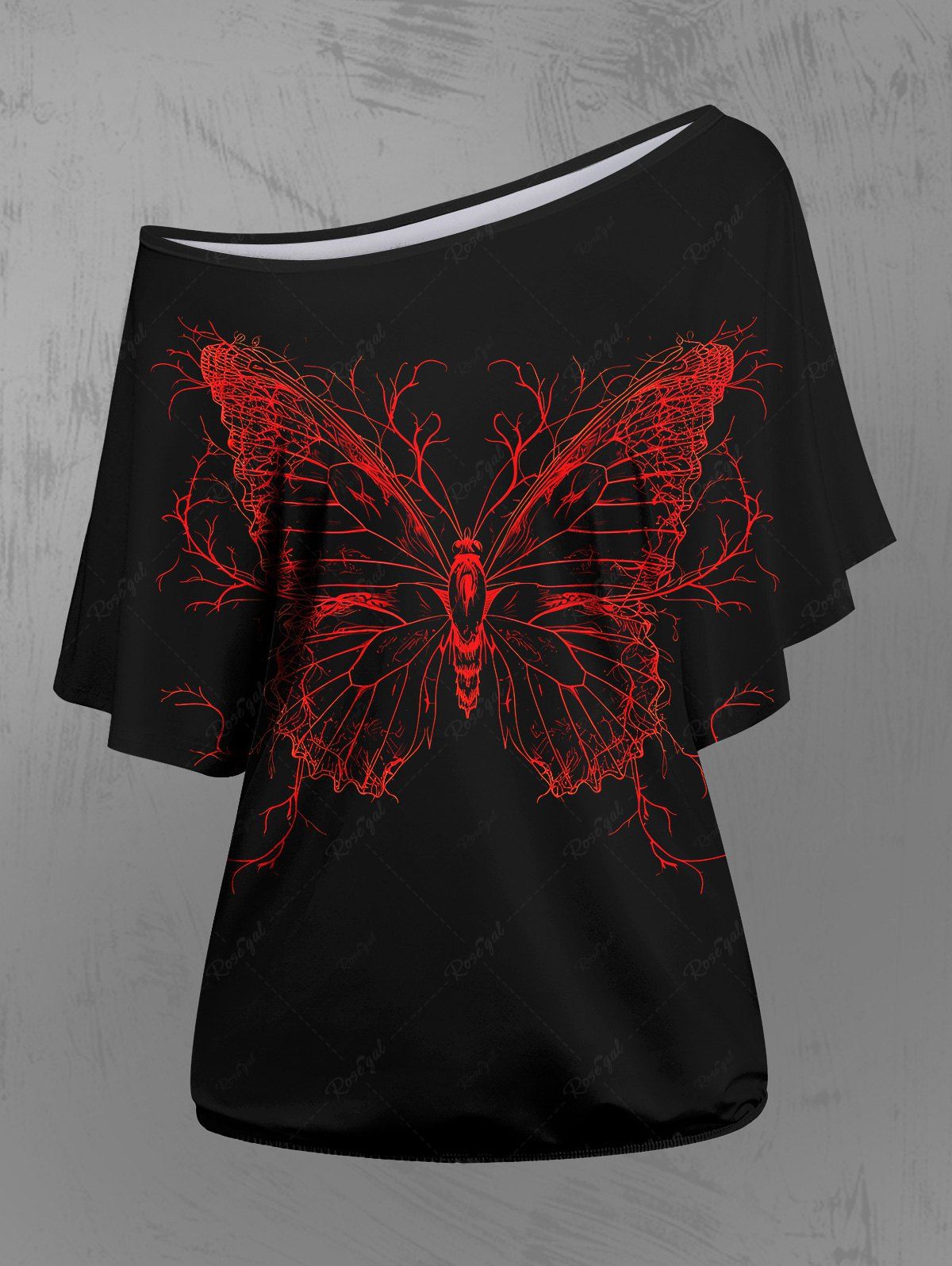 Gothic Plus Size Skew Neck Batwing Sleeves Butterfly Print T-shirt