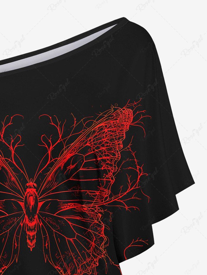 Gothic Plus Size Skew Neck Batwing Sleeves Butterfly Print T-shirt