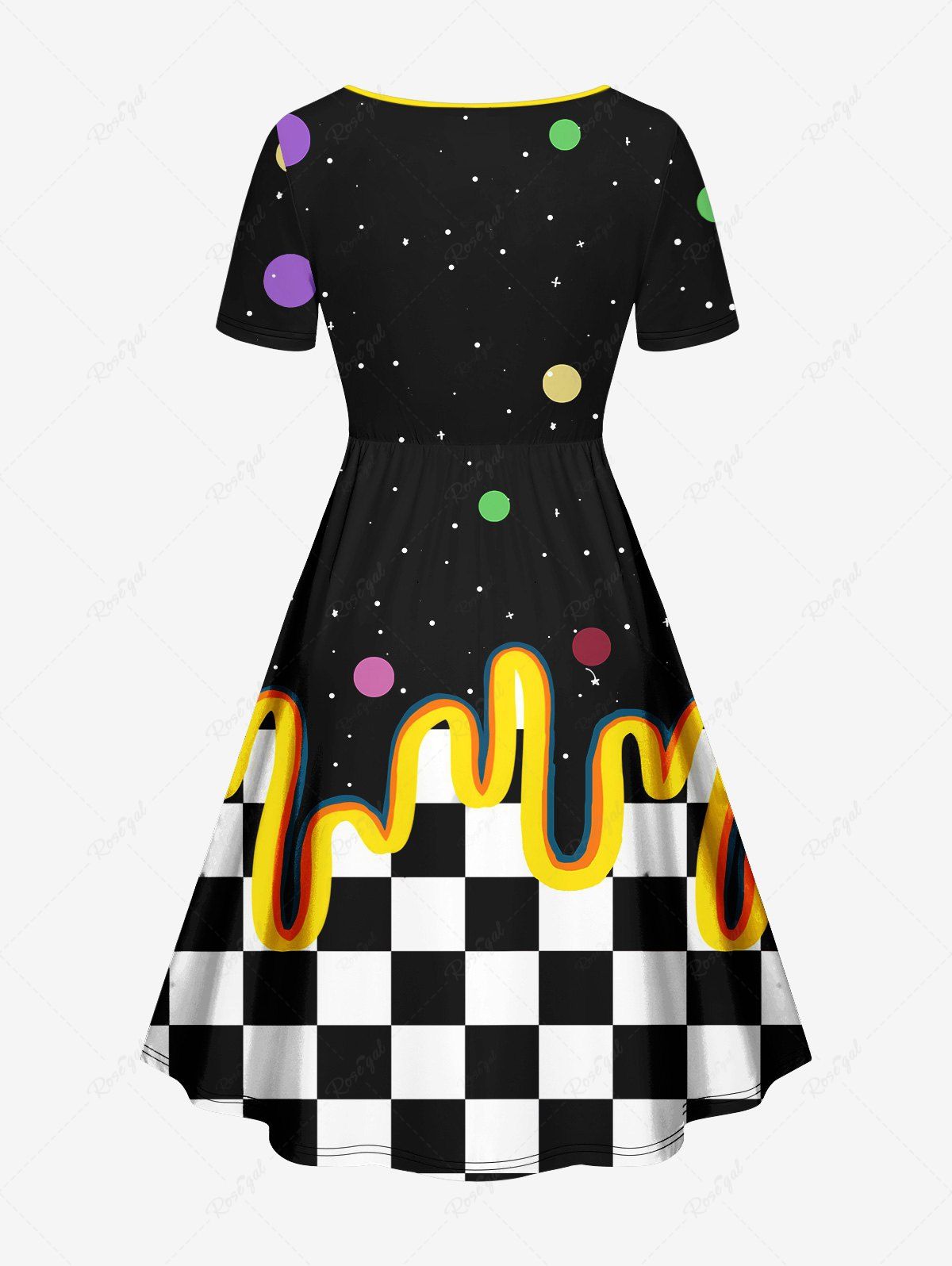 Gothic Plus Size Chessboard Galaxy Paint Drop Halo Print Cinched A Line Dress