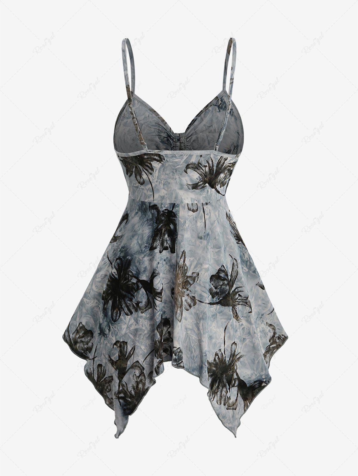 Gothic Floral Flocking Tie Dye Ombre Distressed Cinched Backless Asymmetric Handkerchief Cami Top