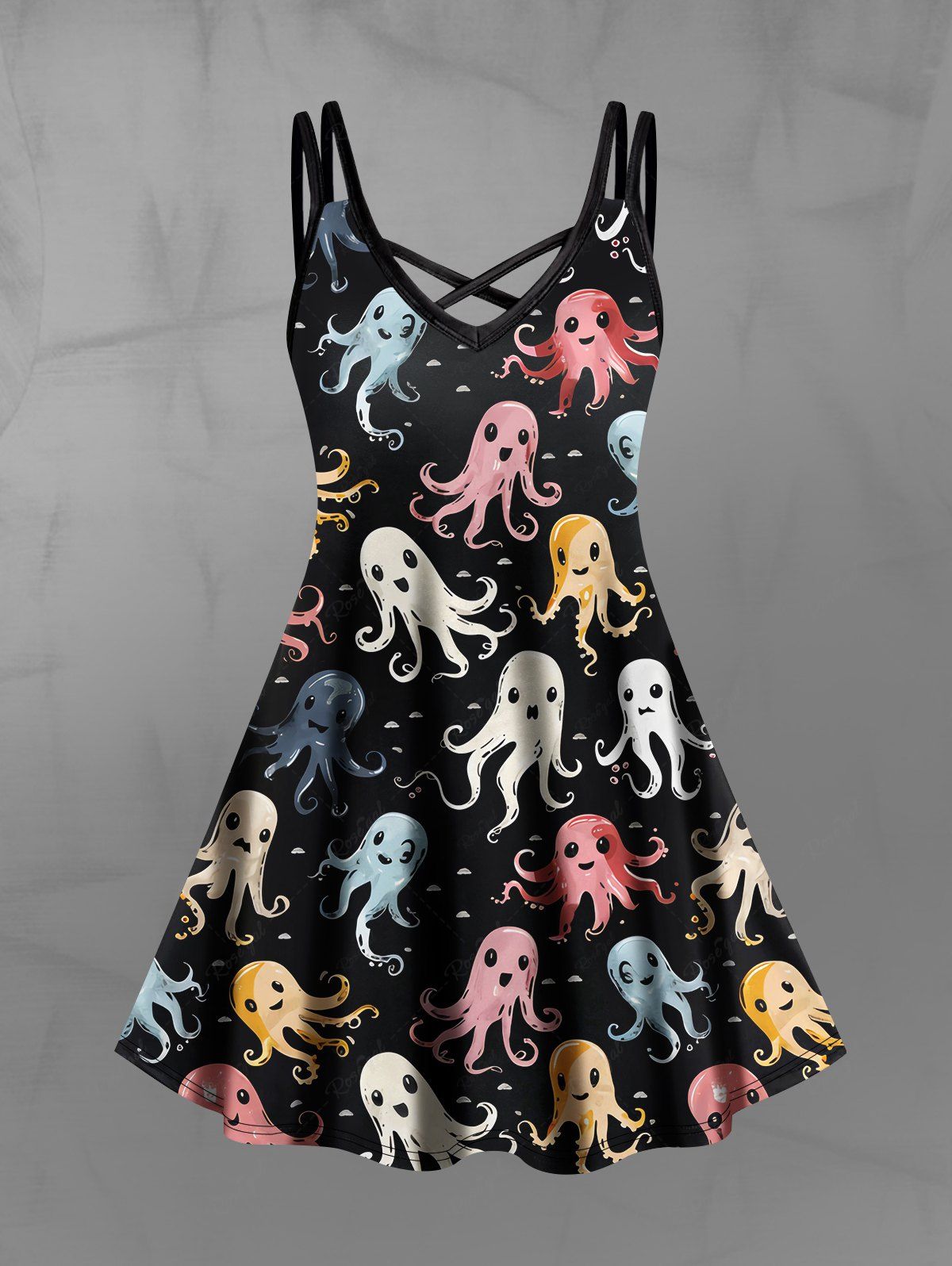 Gothic Plus Size Colorful Cute Octopus Print Crisscross A Line Cami Dress