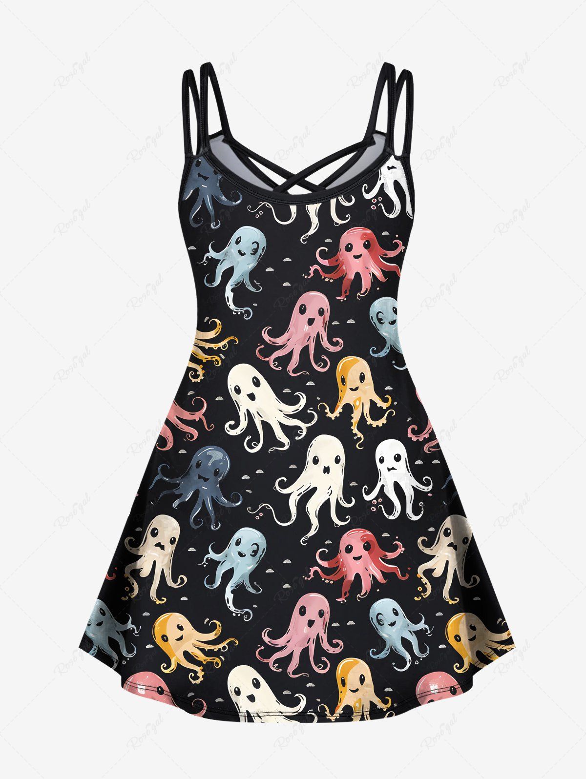 Gothic Plus Size Colorful Cute Octopus Print Crisscross A Line Cami Dress