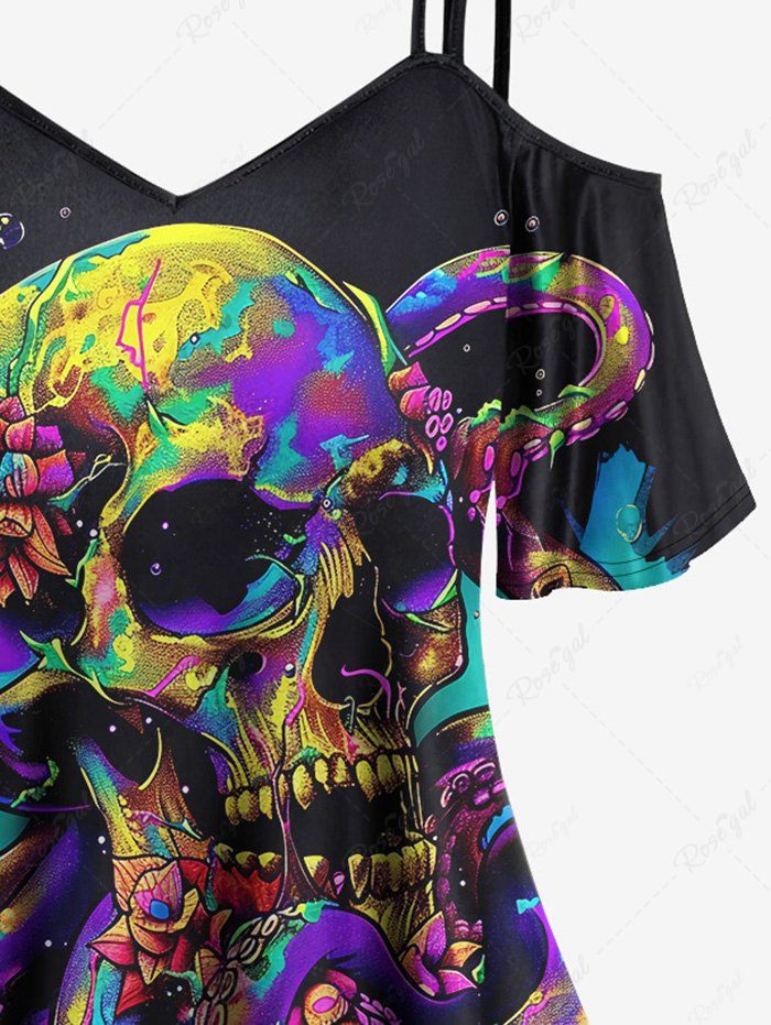 Gothic Plus Size Cold Shoulder Colorful Skull Octopus Print Cami T-shirt