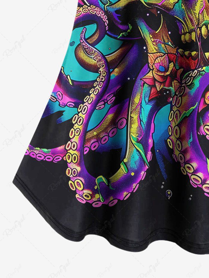 Gothic Plus Size Cold Shoulder Colorful Skull Octopus Print Cami T-shirt