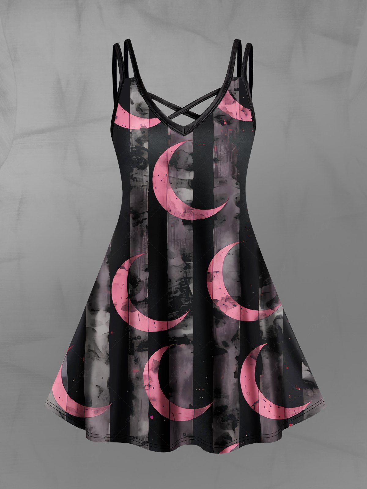 Gothic Plus Size Stripes Moon Distressed Print Crisscross Cami Dress