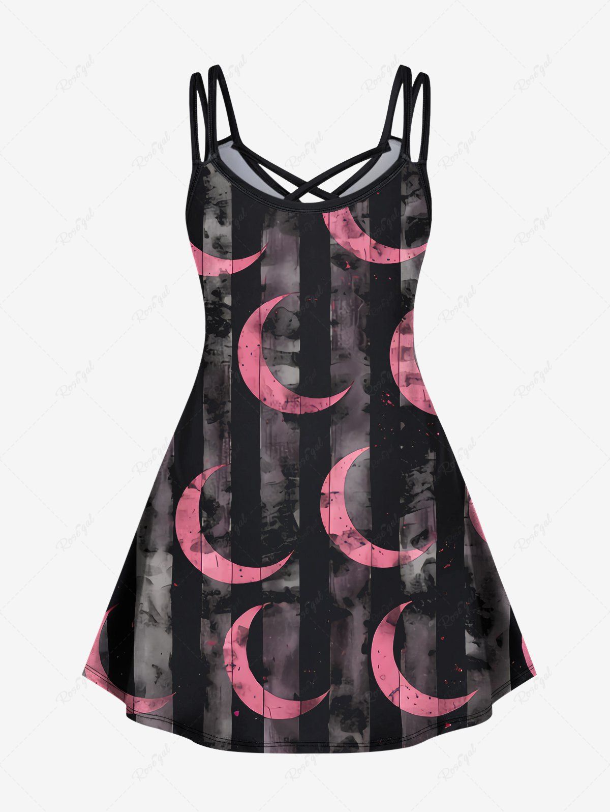 Gothic Plus Size Stripes Moon Distressed Print Crisscross Cami Dress