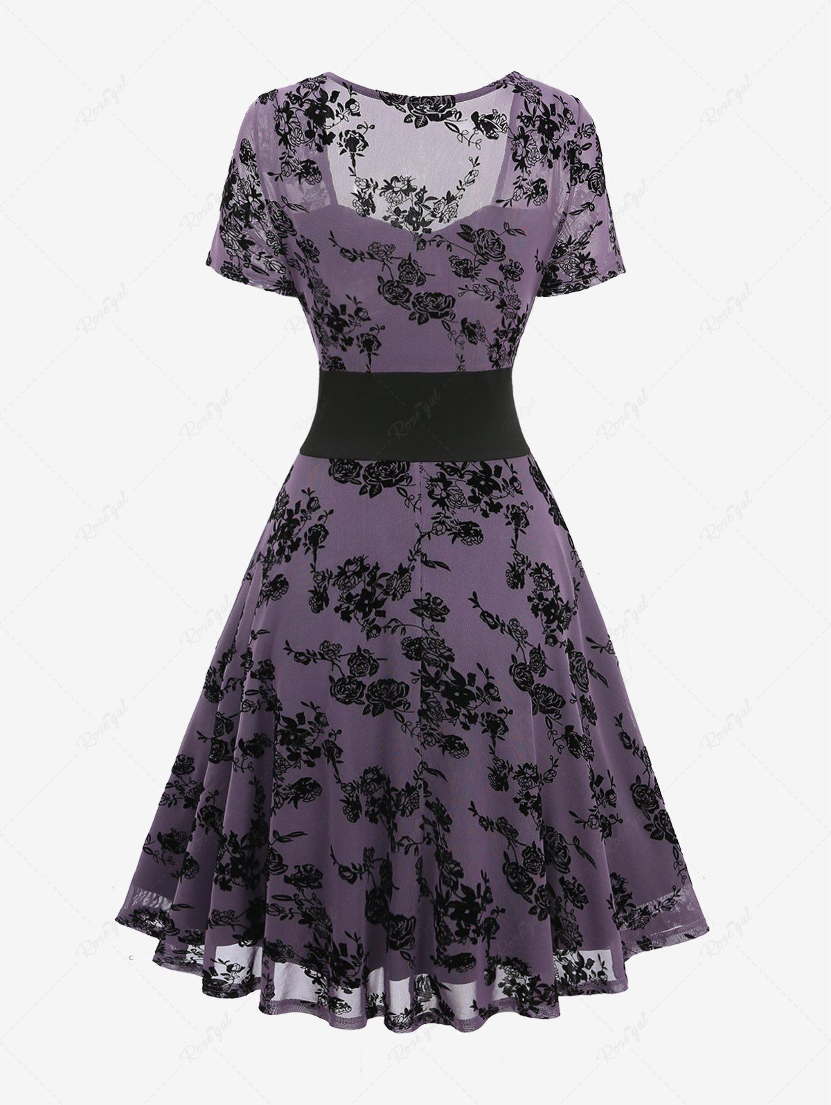 Gothic Rose Floral Mesh Flocking D-Ring PU Lace Up Grommet A Line Dress