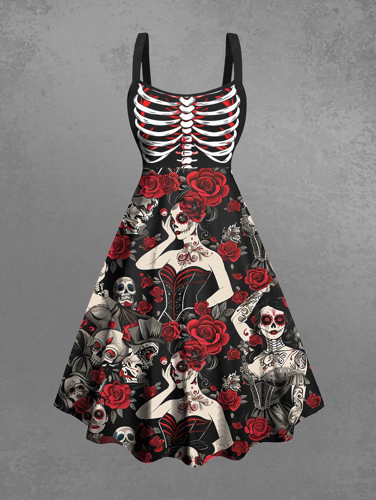 Gothic Plus Size Skull Skeleton Wizard Rose Flower Print Backless A Line Tank Dress