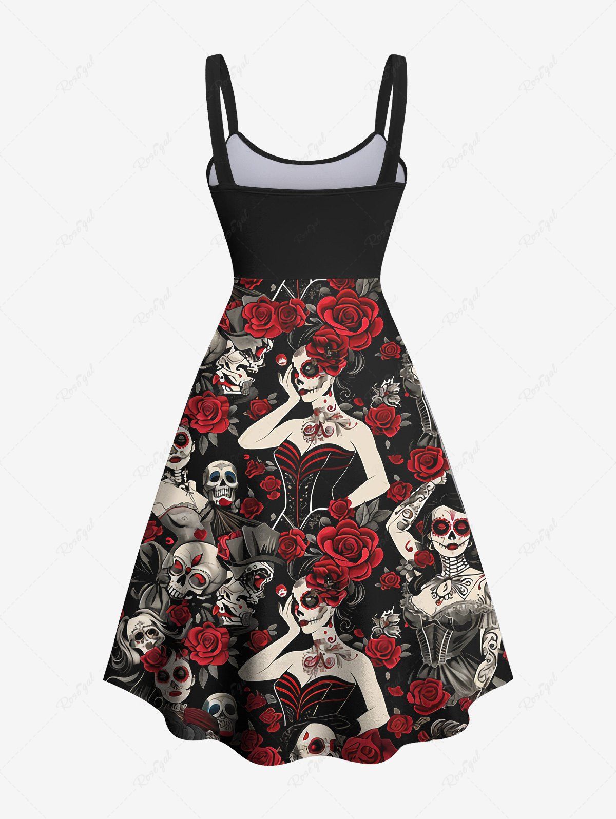 Gothic Plus Size Skull Skeleton Wizard Rose Flower Print Backless A Line Tank Dress