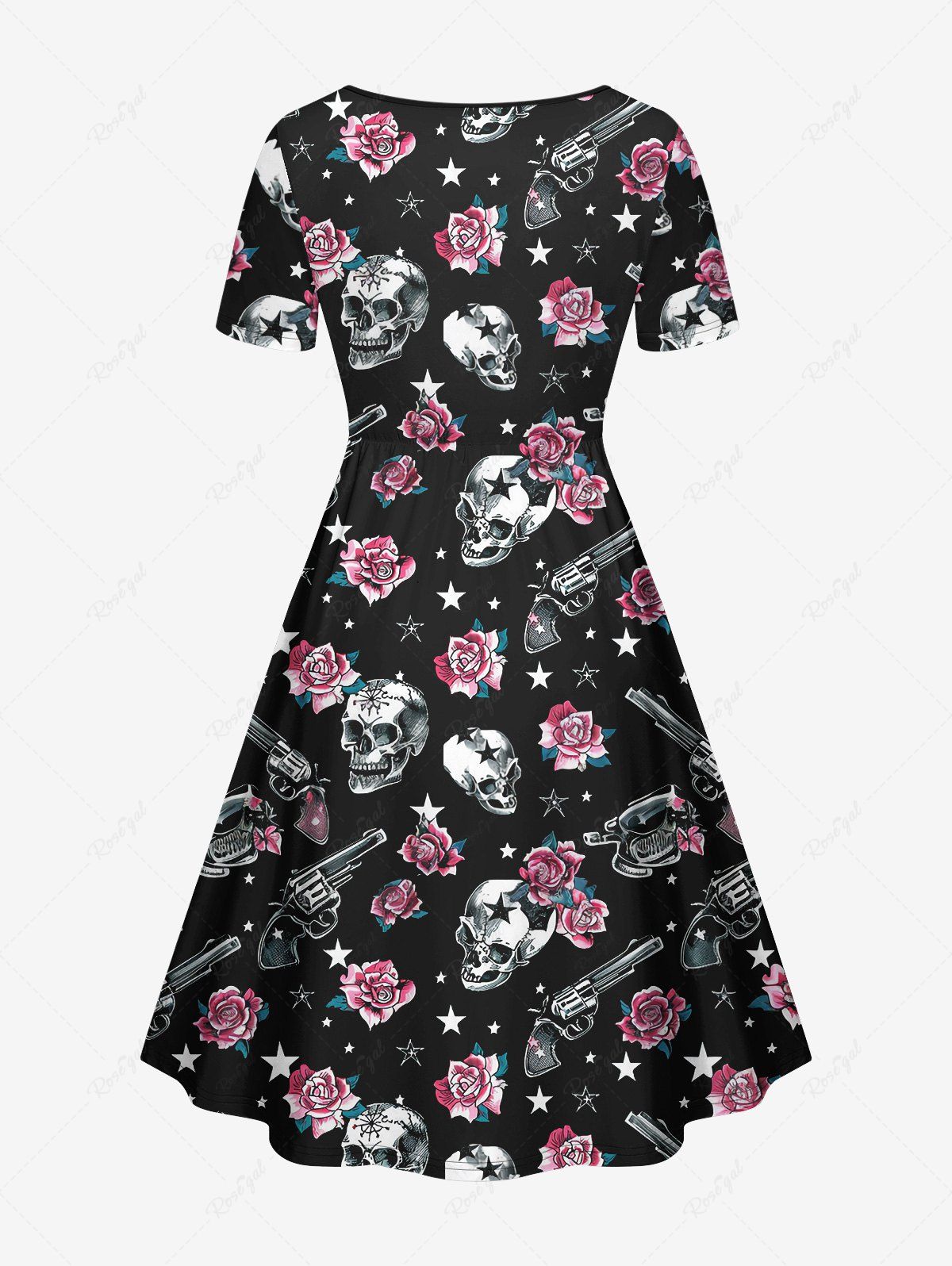 Gothic Plus Size Skulls Stars Rose Flower Pistol Print Cinched A Line Dress