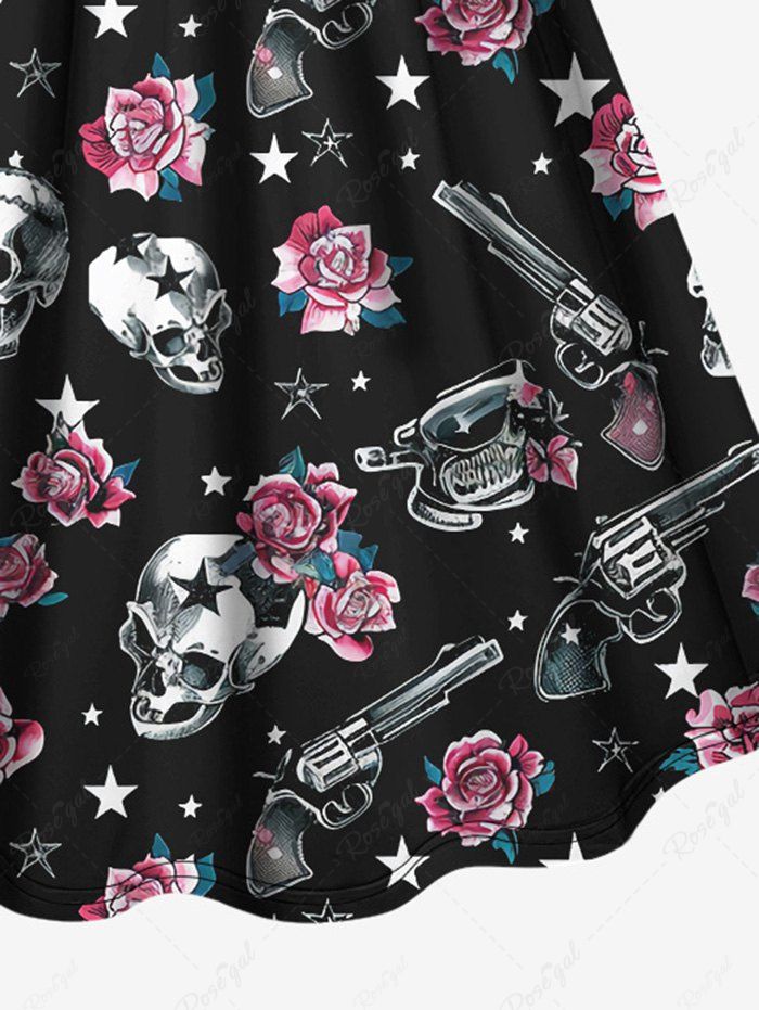 Gothic Plus Size Skulls Stars Rose Flower Pistol Print Cinched A Line Dress