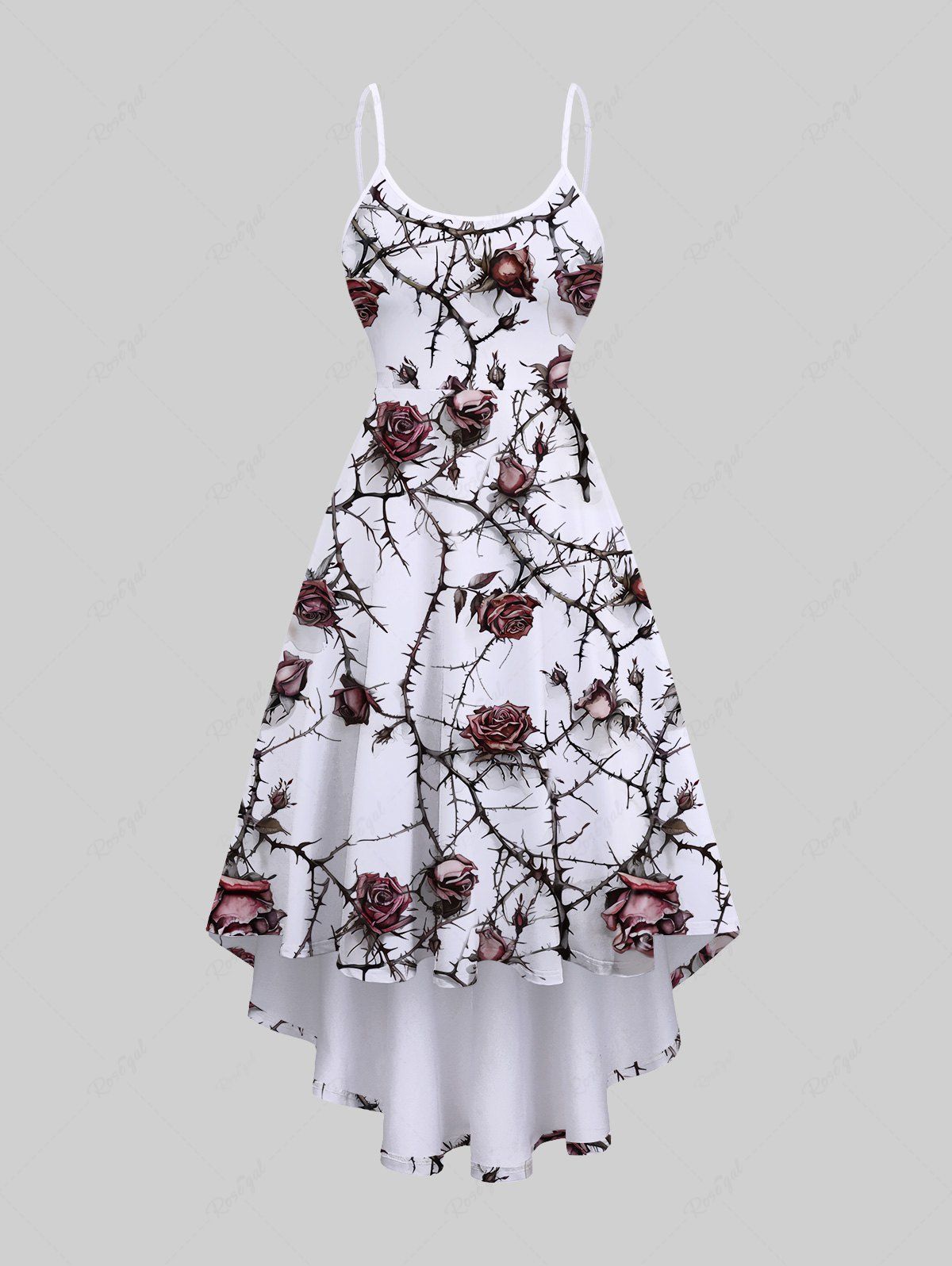 Gothic Plus Size Vine Rose Flower Print High Low Asymmetric Backless A Line Cami Dress