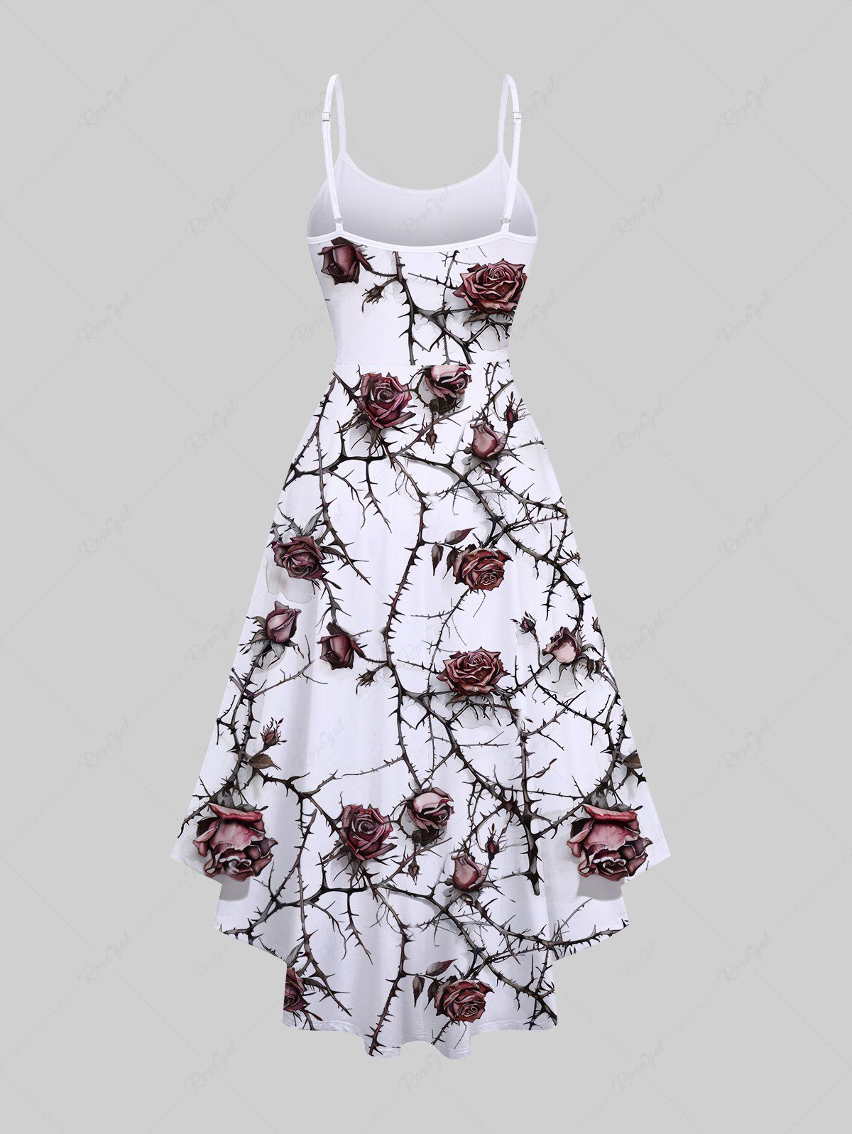 Gothic Plus Size Vine Rose Flower Print High Low Asymmetric Backless A Line Cami Dress