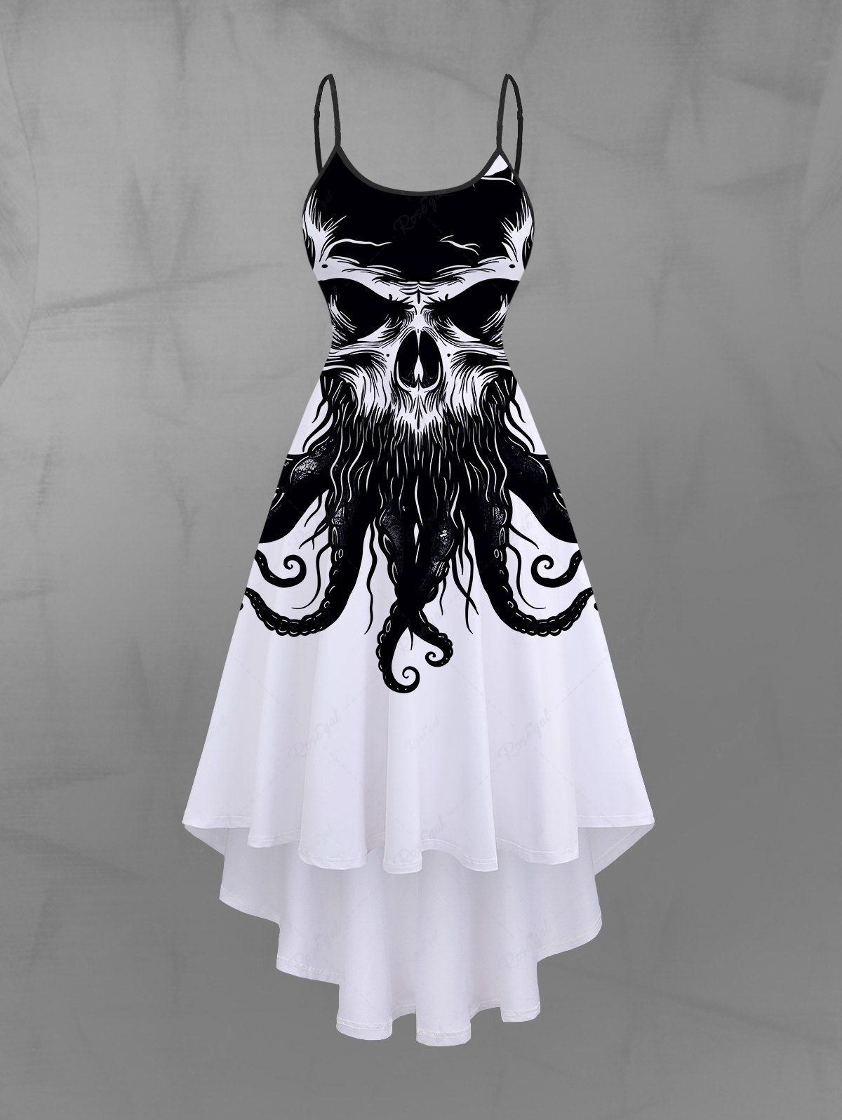 Gothic Plus Size Skull Octopus Print High Low Asymmetric Backless A Line Cami Dress