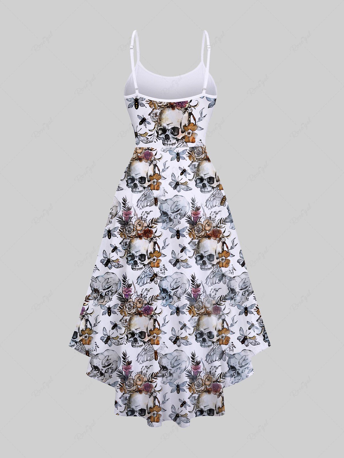 Gothic Plus Size Skulls Flower Insects Printed High Low Asymmetric Backless A Line Cami Dress